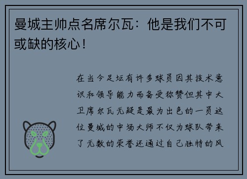 曼城主帅点名席尔瓦：他是我们不可或缺的核心！